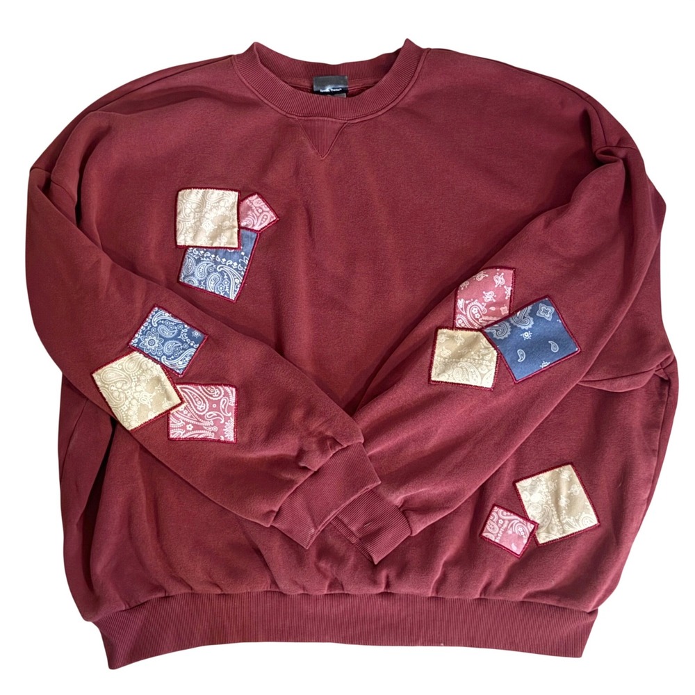 Special Thanks Patchwork Crewneck Sweatshirt XL Burgundy Bandana Paisley Print